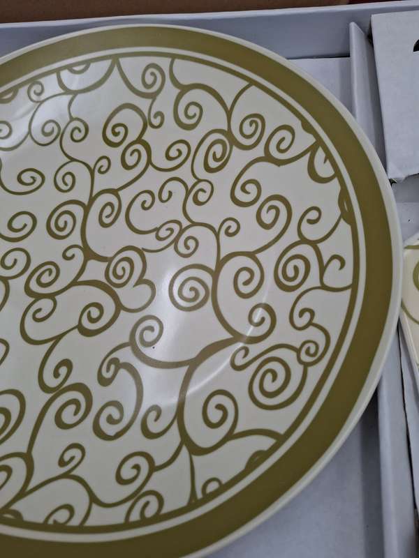 Porcelain Cake Platter and Lifter in Olive Green Scrolls with Cream base - in original packaging