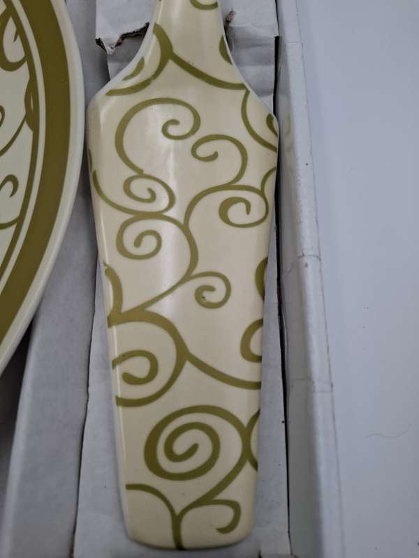 Porcelain Cake Platter and Lifter in Olive Green Scrolls with Cream base - in original packaging