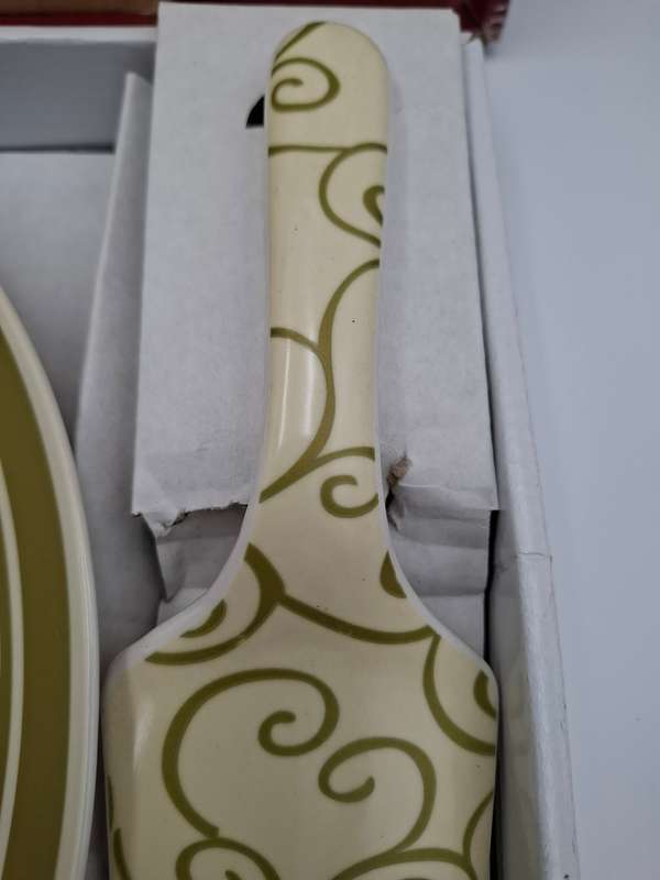 Porcelain Cake Platter and Lifter in Olive Green Scrolls with Cream base - in original packaging