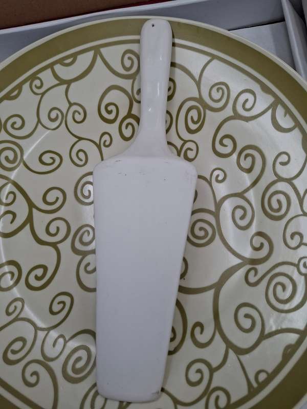 Porcelain Cake Platter and Lifter in Olive Green Scrolls with Cream base - in original packaging