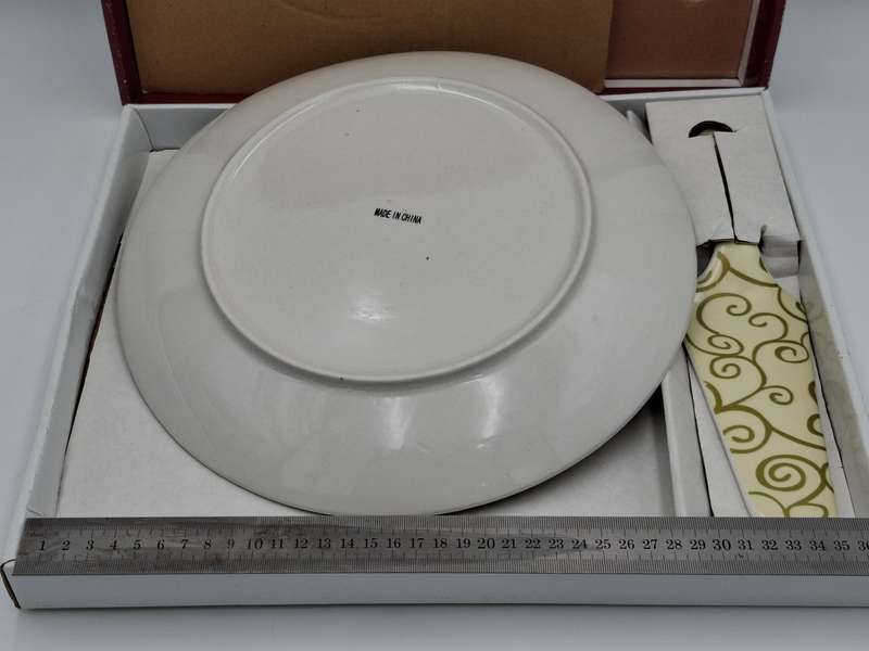 Porcelain Cake Platter and Lifter in Olive Green Scrolls with Cream base - in original packaging