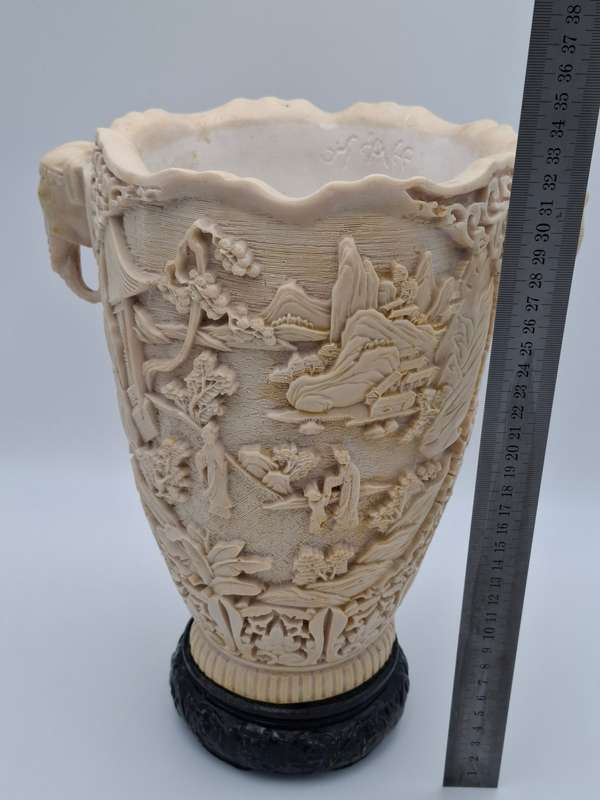 Vintage Chinese Hand carved Resin Vase with Elephant Head Handles - Spectacular Piece