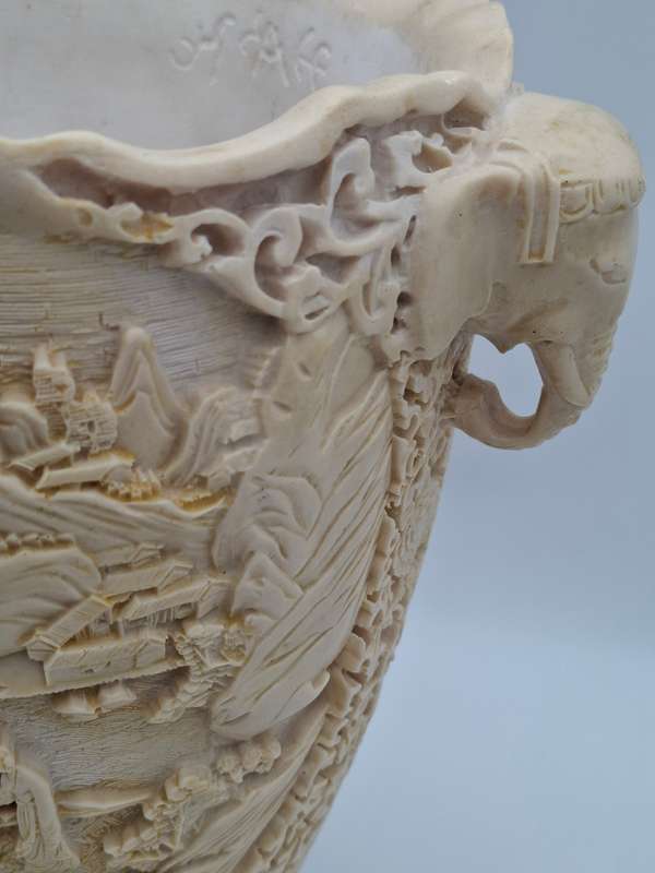 Vintage Chinese Hand carved Resin Vase with Elephant Head Handles - Spectacular Piece