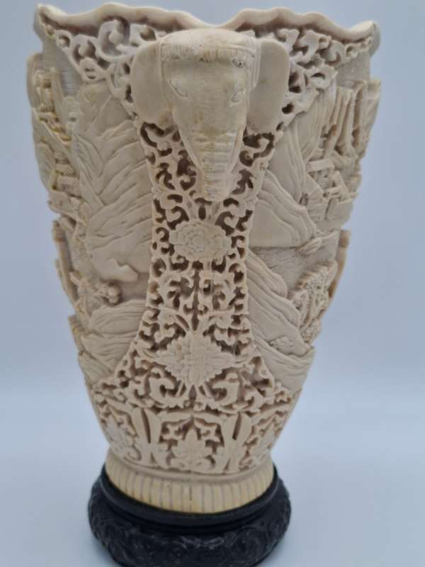 Vintage Chinese Hand carved Resin Vase with Elephant Head Handles - Spectacular Piece