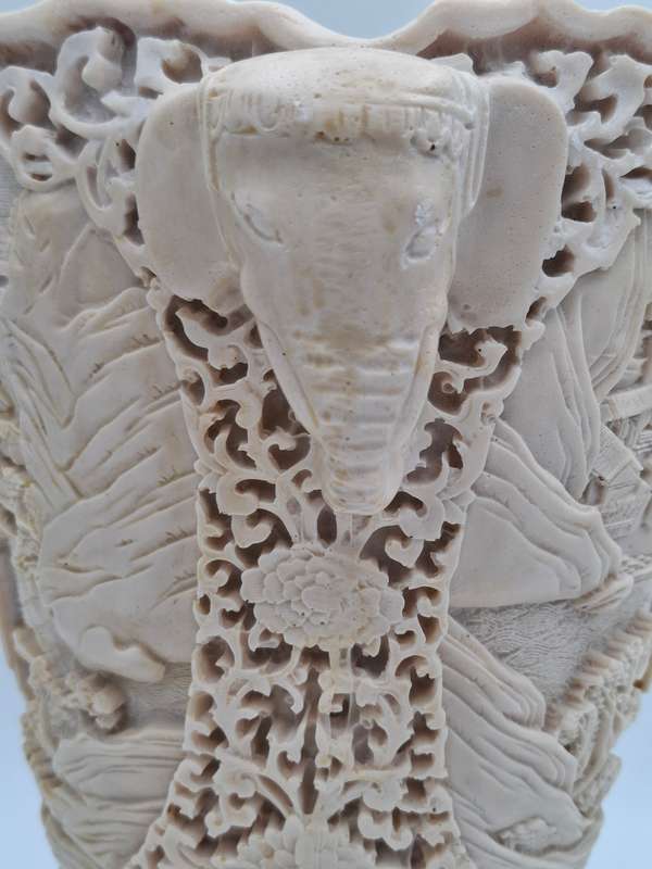 Vintage Chinese Hand carved Resin Vase with Elephant Head Handles - Spectacular Piece