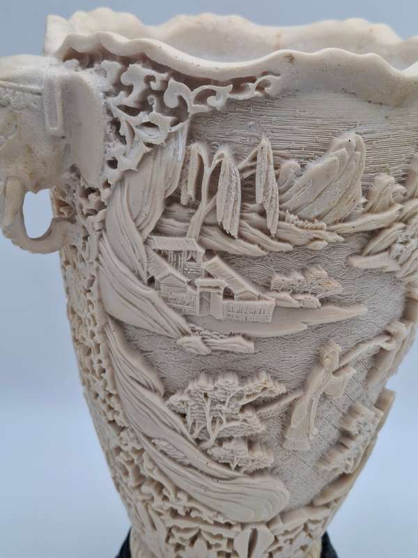 Vintage Chinese Hand carved Resin Vase with Elephant Head Handles - Spectacular Piece