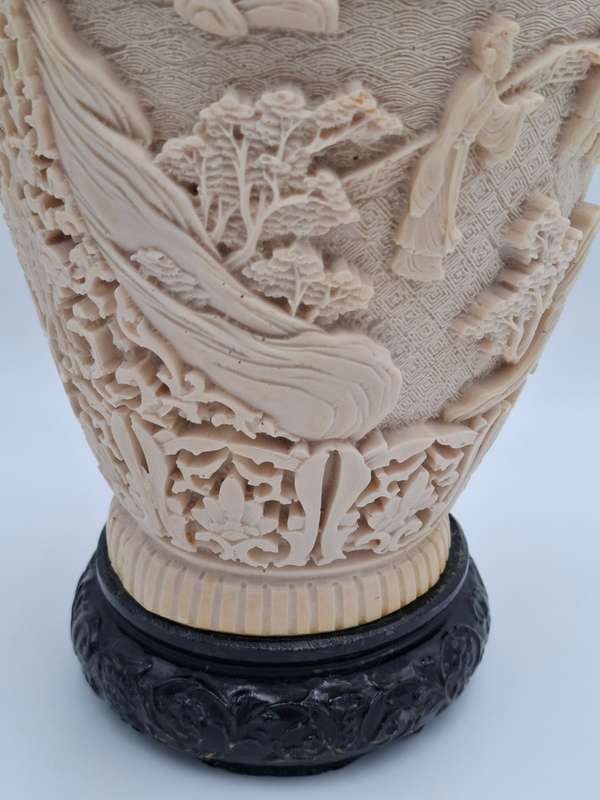 Vintage Chinese Hand carved Resin Vase with Elephant Head Handles - Spectacular Piece