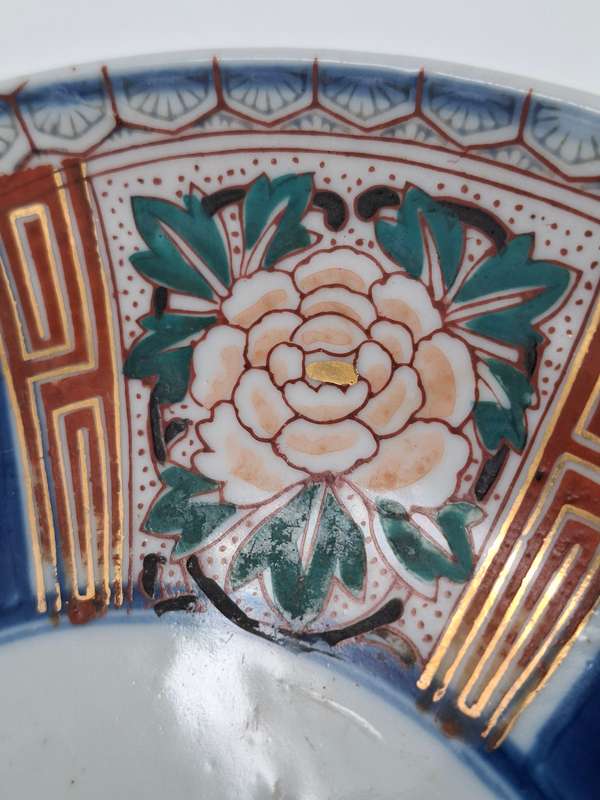 Pair Antique Japanese Porcelain Imari Landscape Dishes/Plates -  Deep Blue & Gold - 21.5cm diameter