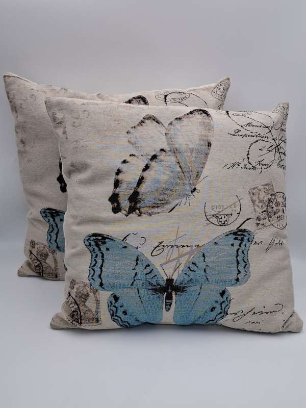 Pair of French Style Linen Blend Scatter Cushions with Butterfly Theme - 40x40