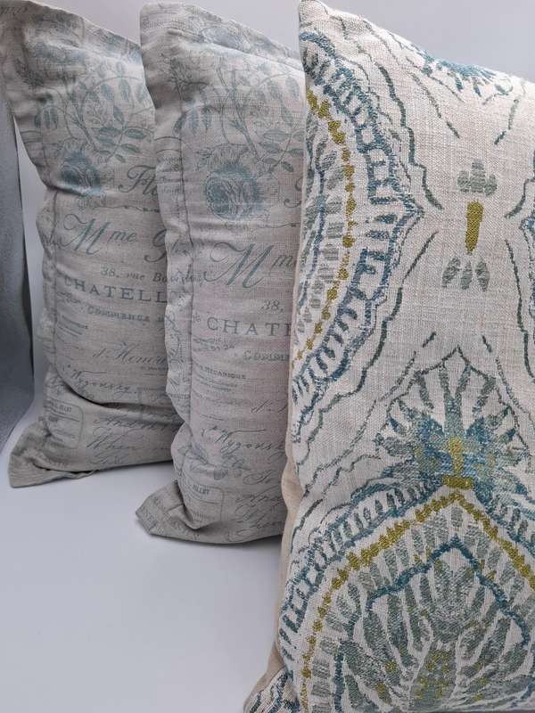 French Themed Scatter Cushions x 3 - Linen Style - Stone Base with Patterns