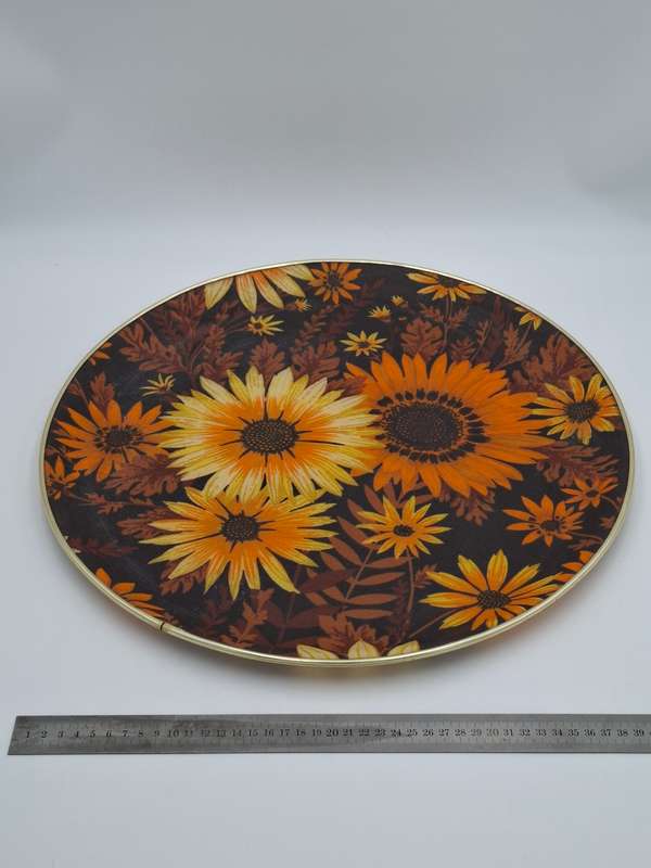Vintage Round Fibreglass Tray with Yellow & Burnt Orange Floral Design with Chocolate base colour