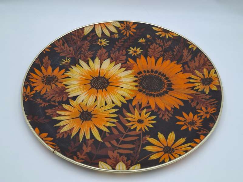 Vintage Round Fibreglass Tray with Yellow & Burnt Orange Floral Design with Chocolate base colour