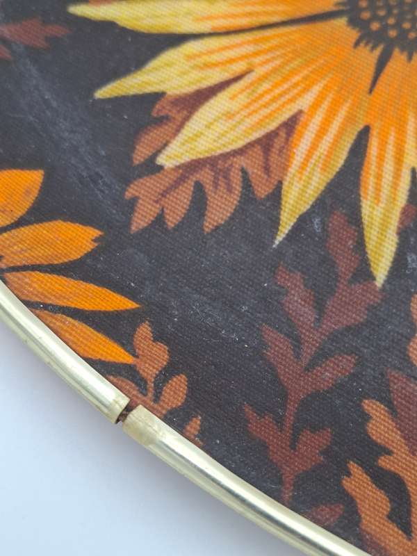 Vintage Round Fibreglass Tray with Yellow & Burnt Orange Floral Design with Chocolate base colour