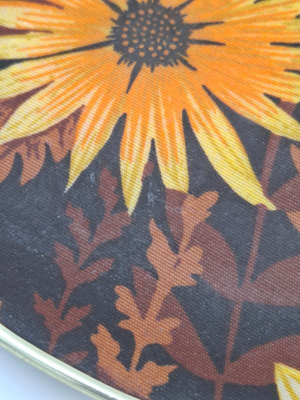 Vintage Round Fibreglass Tray with Yellow & Burnt Orange Floral Design with Chocolate base colour