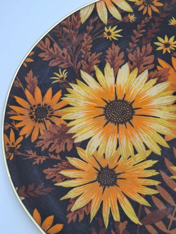 Vintage Round Fibreglass Tray with Yellow & Burnt Orange Floral Design with Chocolate base colour
