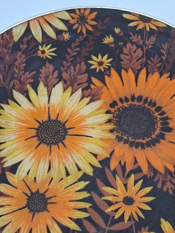Vintage Round Fibreglass Tray with Yellow & Burnt Orange Floral Design with Chocolate base colour