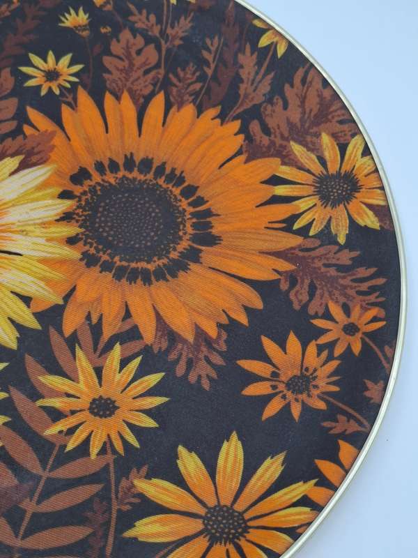 Vintage Round Fibreglass Tray with Yellow & Burnt Orange Floral Design with Chocolate base colour