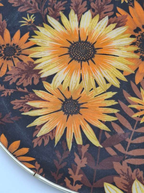 Vintage Round Fibreglass Tray with Yellow & Burnt Orange Floral Design with Chocolate base colour