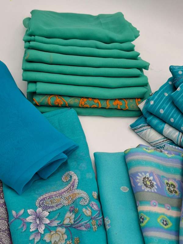 Turquoise Colored Fabric Batch - Precut in Rectangular Shapes for Head Scarves - with Thread