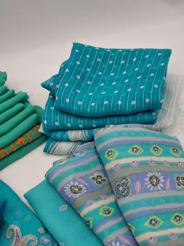 Turquoise Colored Fabric Batch - Precut in Rectangular Shapes for Head Scarves - with Thread