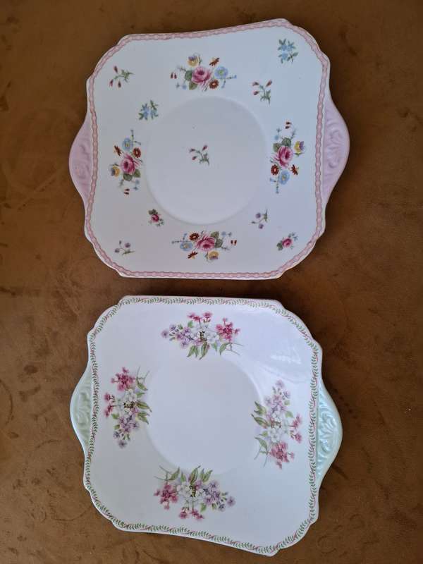 RARE Pair of Vintage Shelley Fine Bone Square Plates - Pink & Soft Green Edge