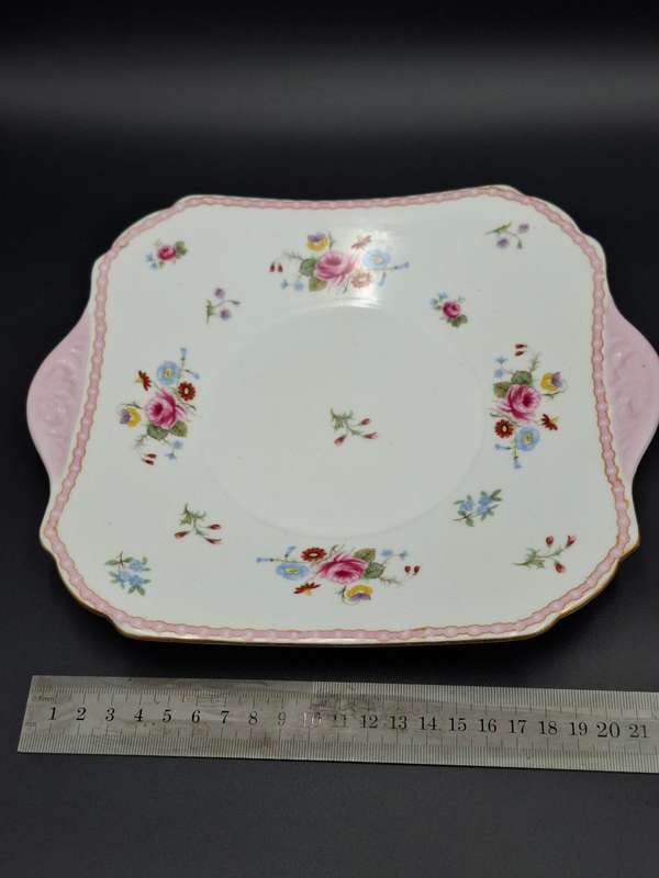 RARE Pair of Vintage Shelley Fine Bone Square Plates - Pink & Soft Green Edge