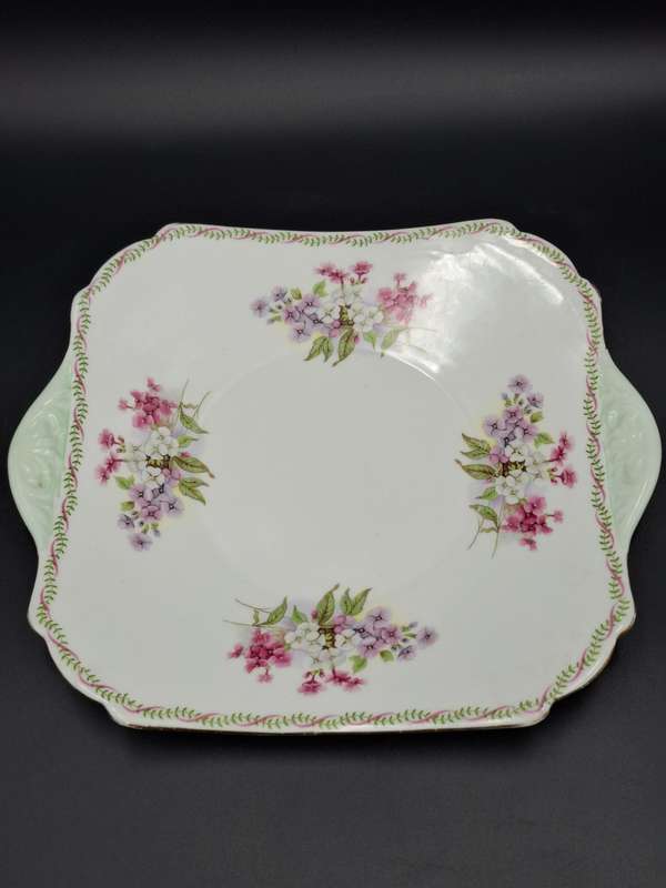 RARE Pair of Vintage Shelley Fine Bone Square Plates - Pink & Soft Green Edge