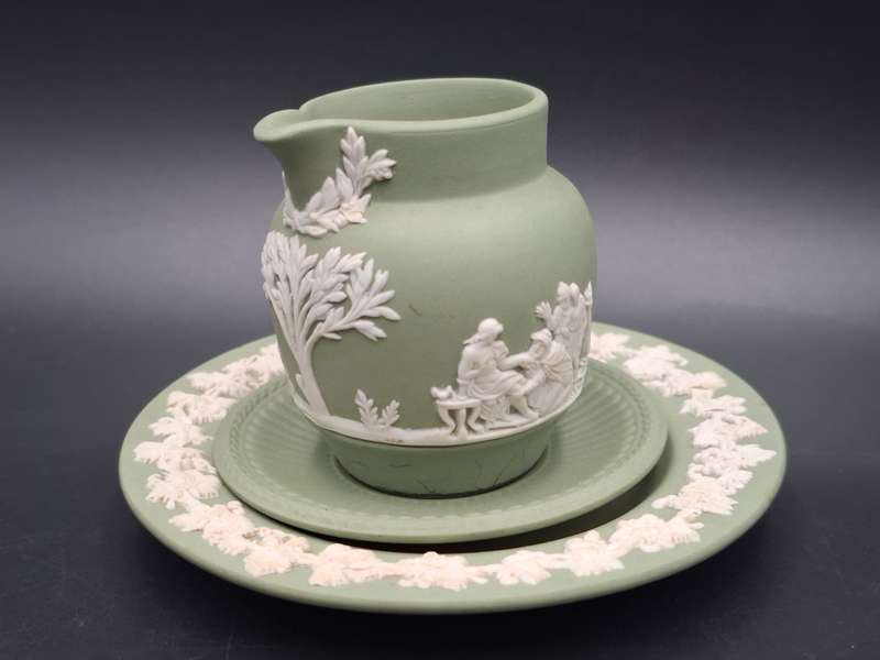 Wedgwood Ware Green & White Miniature Trio - Small Jug Saucer & Plate