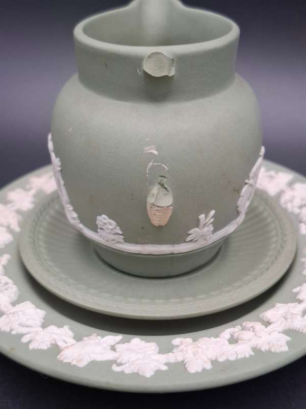 Wedgwood Ware Green & White Miniature Trio - Small Jug Saucer & Plate
