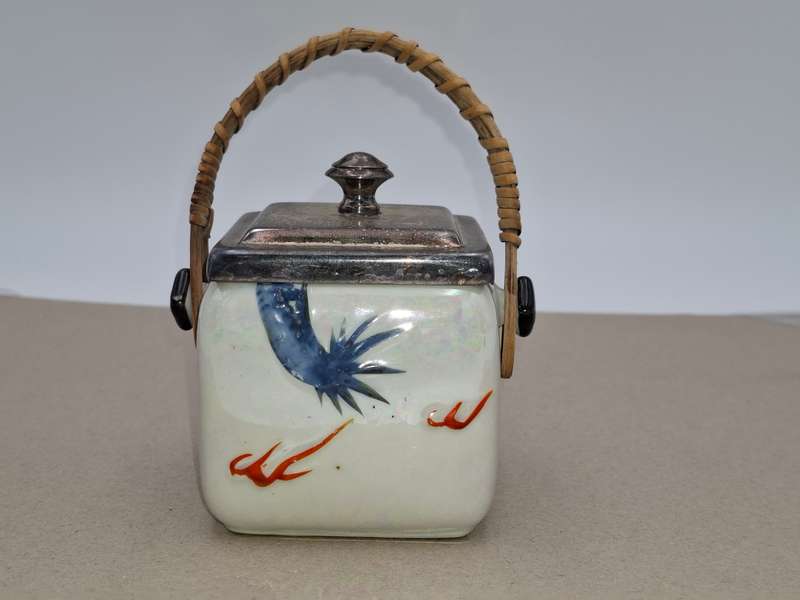Porcelain Tea Basket with SP rim with Lid - Woven Bamboo Handle