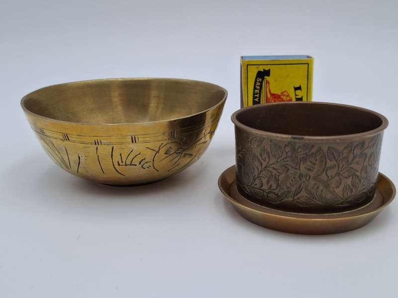 Brass Bowls Trio - Bowl with Engravings and Leaf Patterned Duo Trinket Holder with Base Plate