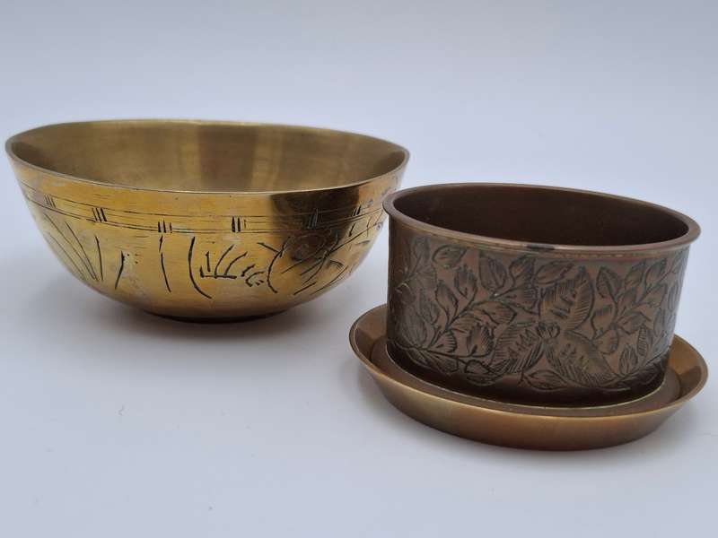 Brass Bowls Trio - Bowl with Engravings and Leaf Patterned Duo Trinket Holder with Base Plate