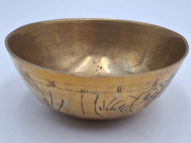 Brass Bowls Trio - Bowl with Engravings and Leaf Patterned Duo Trinket Holder with Base Plate