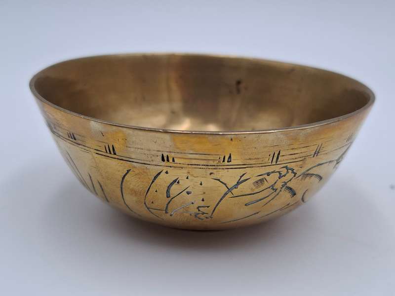 Brass Bowls Trio - Bowl with Engravings and Leaf Patterned Duo Trinket Holder with Base Plate