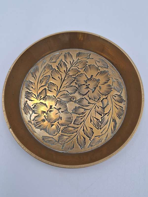 Brass Bowls Trio - Bowl with Engravings and Leaf Patterned Duo Trinket Holder with Base Plate