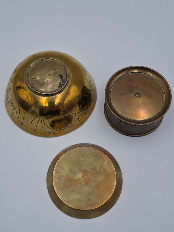 Brass Bowls Trio - Bowl with Engravings and Leaf Patterned Duo Trinket Holder with Base Plate