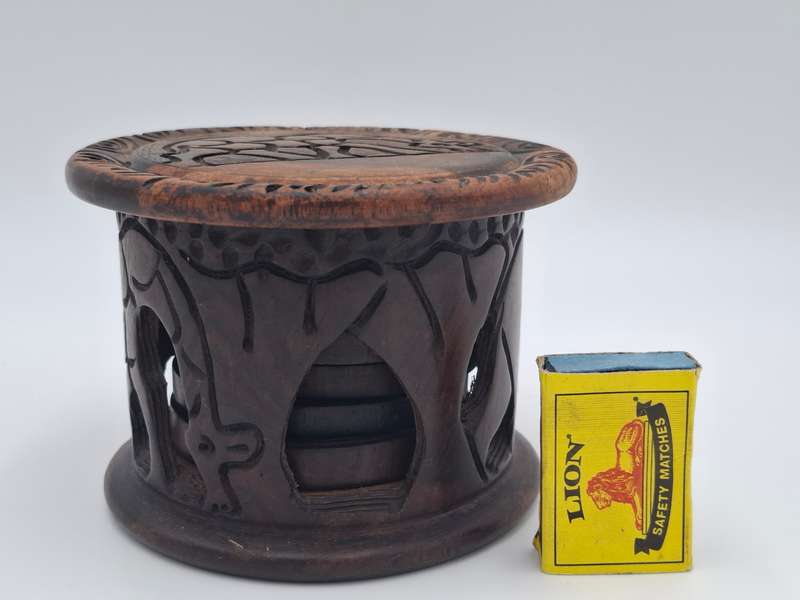 Giraffe Themed Carved Timber Container with 5 Coasters