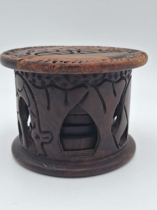 Giraffe Themed Carved Timber Container with 5 Coasters