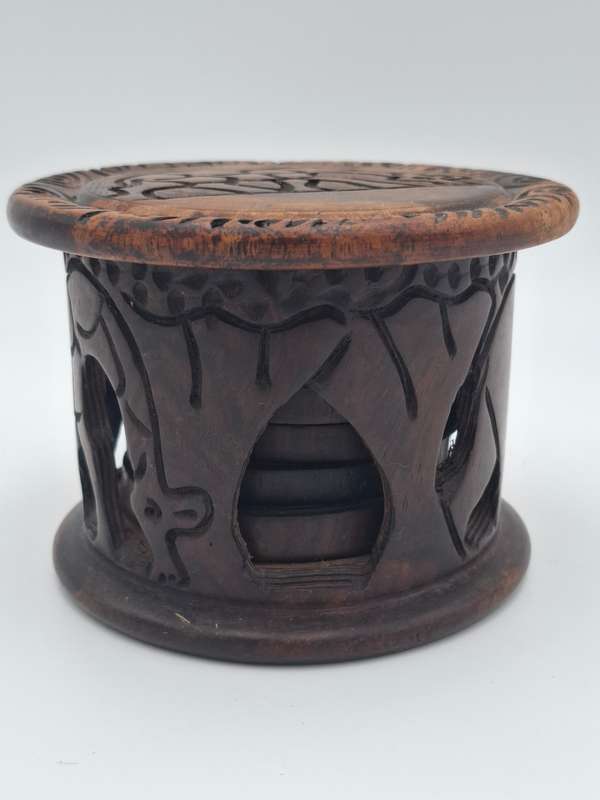 Giraffe Themed Carved Timber Container with 5 Coasters