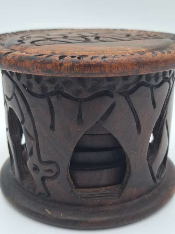 Giraffe Themed Carved Timber Container with 5 Coasters