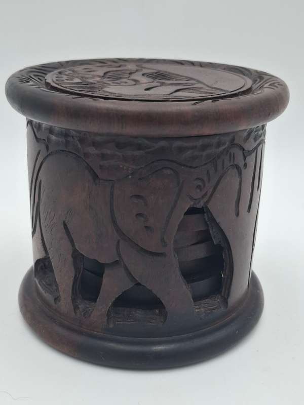 Elephant Themed Wooden Carved Container with 6 Coasters
