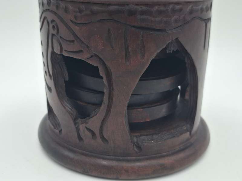Elephant Themed Wooden Carved Container with 6 Coasters