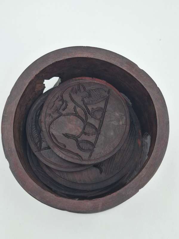 Elephant Themed Wooden Carved Container with 6 Coasters