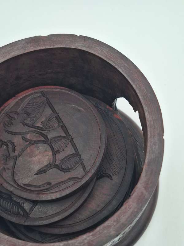Elephant Themed Wooden Carved Container with 6 Coasters