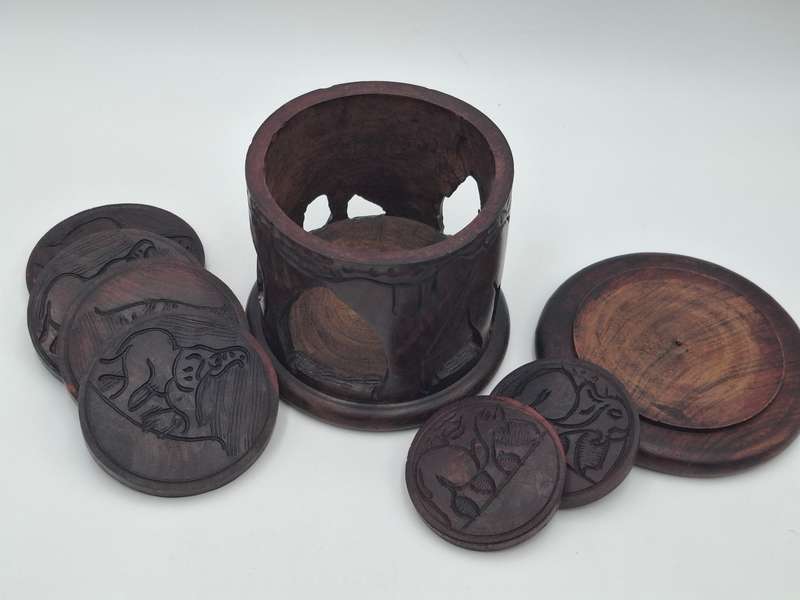 Elephant Themed Wooden Carved Container with 6 Coasters