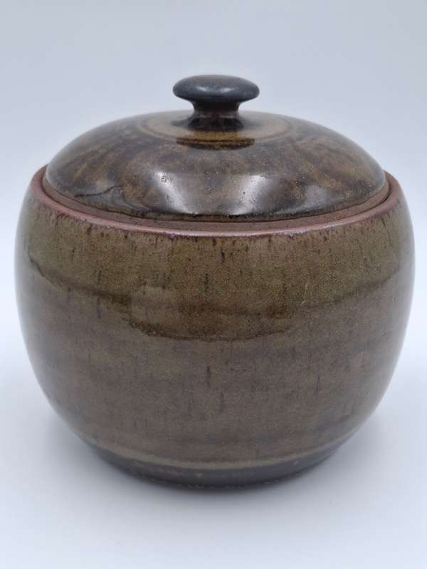 Vintage Storage Pottery Bowl with Lid - 16cm x 16cm - Olive Green and Chocolate - Great Condition