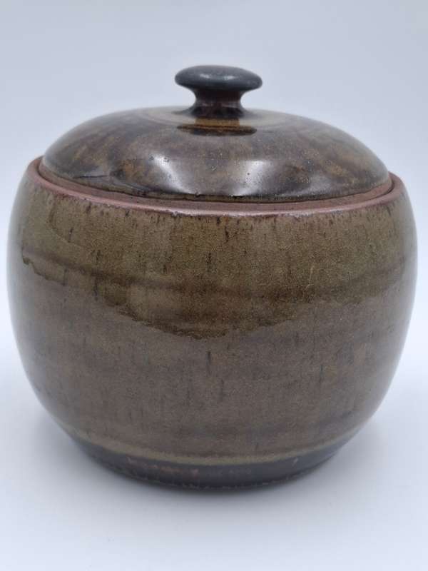 Vintage Storage Pottery Bowl with Lid - 16cm x 16cm - Olive Green and Chocolate - Great Condition