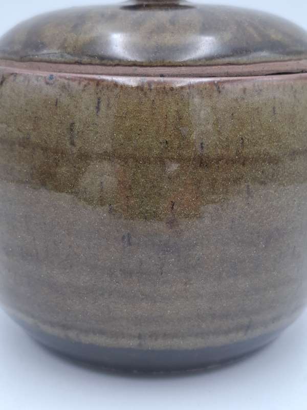 Vintage Storage Pottery Bowl with Lid - 16cm x 16cm - Olive Green and Chocolate - Great Condition