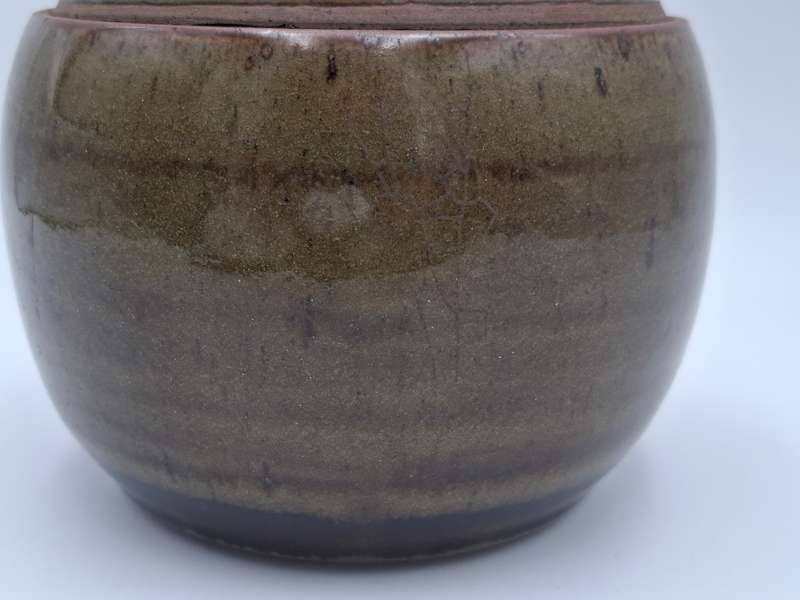 Vintage Storage Pottery Bowl with Lid - 16cm x 16cm - Olive Green and Chocolate - Great Condition