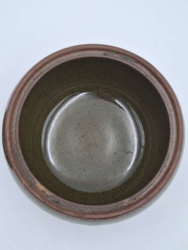 Vintage Storage Pottery Bowl with Lid - 16cm x 16cm - Olive Green and Chocolate - Great Condition
